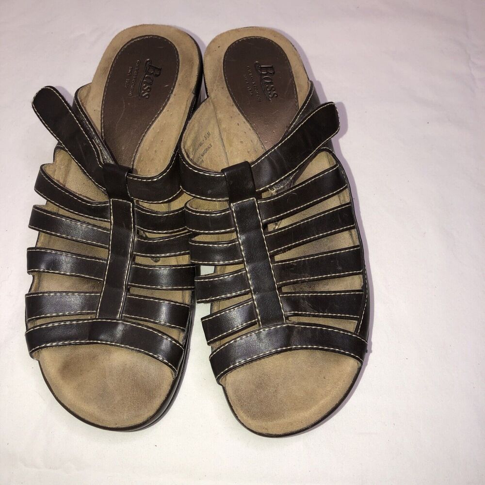 Bass Brown‎ Leather Strappy Comfort Slide Sandal Shoes Summer Casual